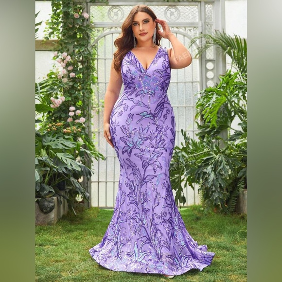 Bright lilac sequinned net gown